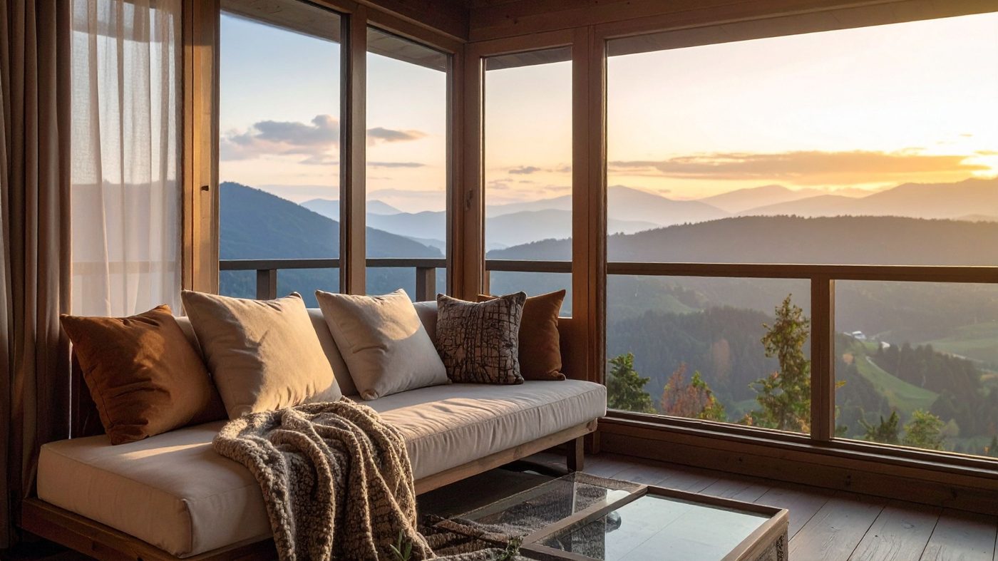Resort-style lounge overlooking a mountain sunset