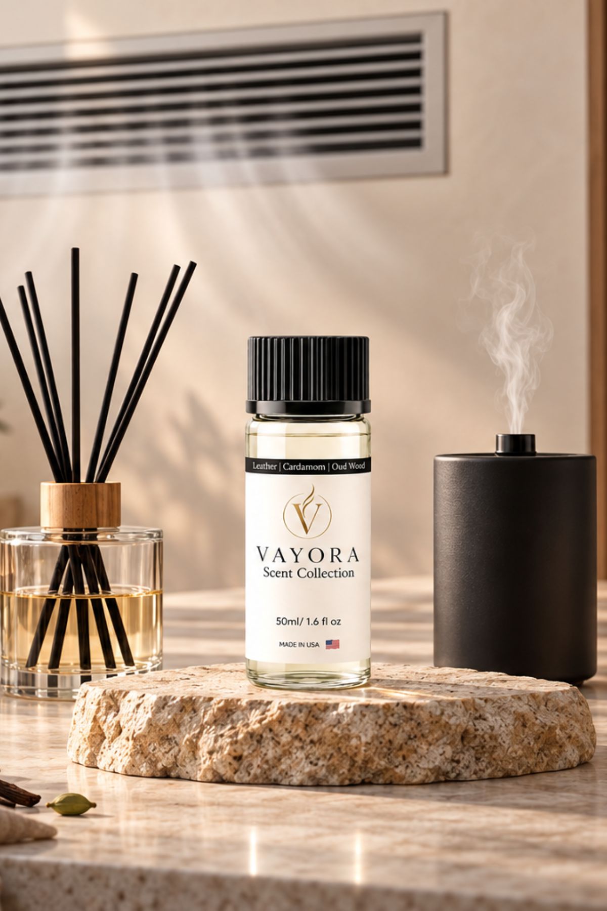 Vayora fragrance oil in a resort-inspired room